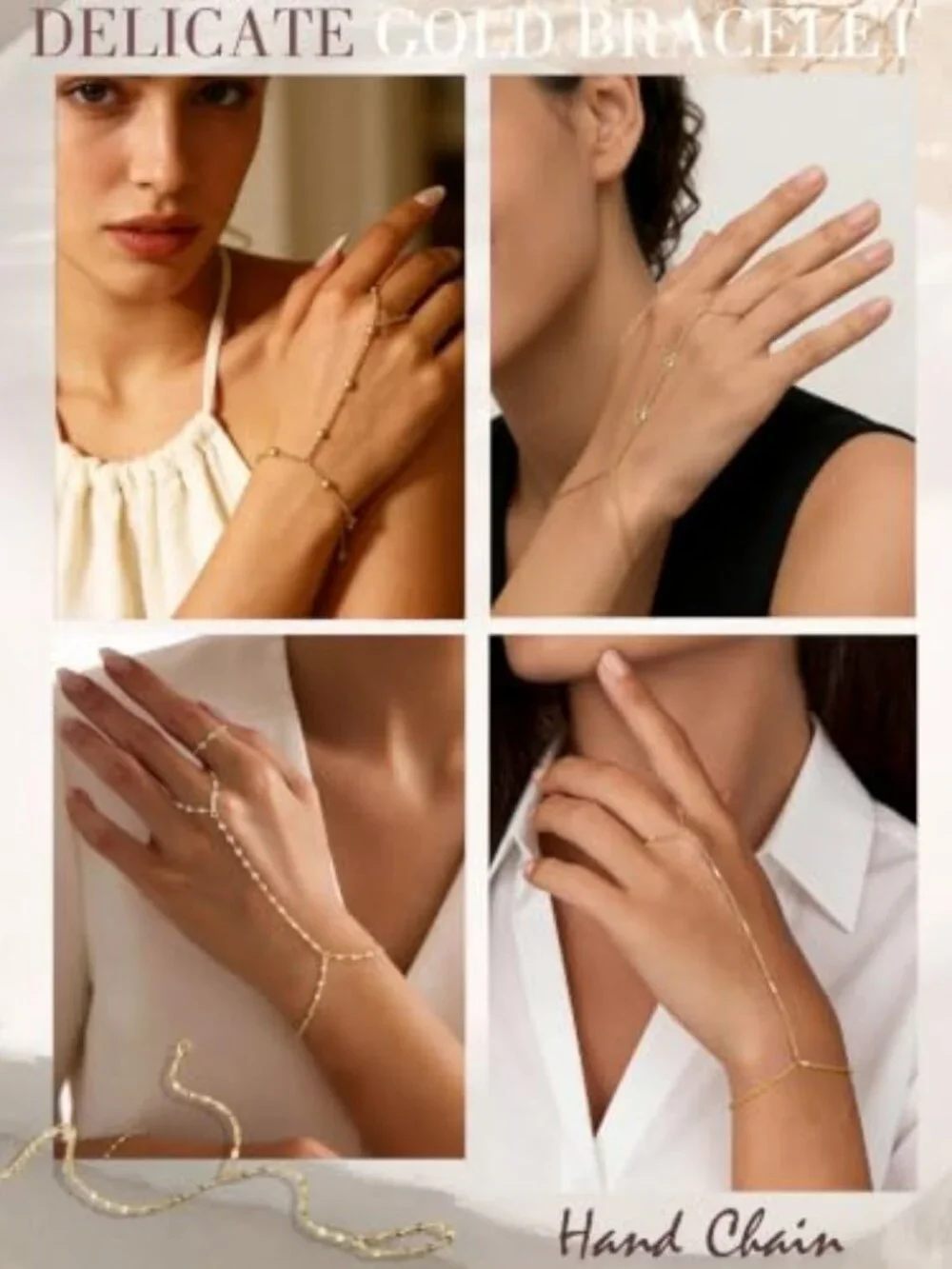 4 Pcs Gold Hand Chain Bracelets for Women, Dainty 14K Gold Plated Ring Bracelet